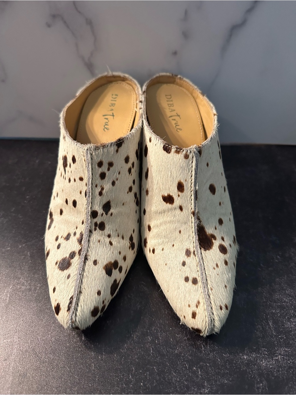 Diba True Women's Cream Haircalf Mule with Brown Spotting